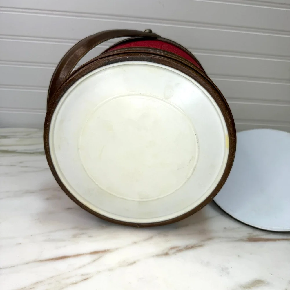 Vintage Ice Bucket Red Fabric Brown Vinyl Mid Century Barware 70s
